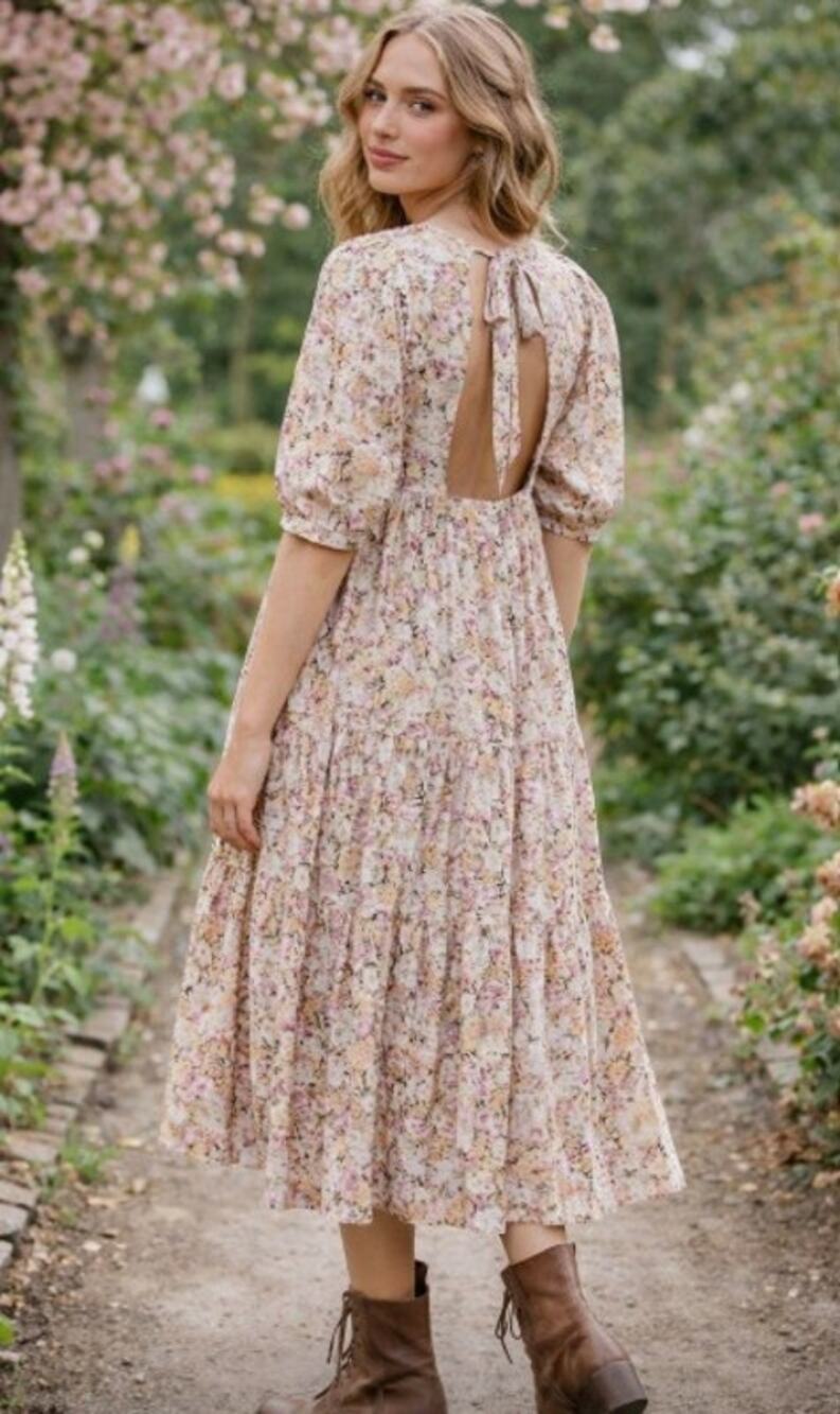 En Saison Jocelyn Floral Tiered Midi Dress S Cottagecore Prairie Romantic Cutout